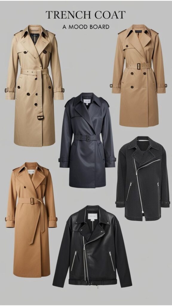 A mood board showcasing different trenchcoat aesthetics, including classic, minimalist, and edgy styles.