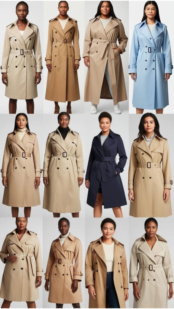 Choosing the right trench coat depends on your body type. Petite figures suit shorter lengths, while taller individuals can wear longer styles. Curvy figures benefit from belted styles, and athletic builds suit relaxed fits.