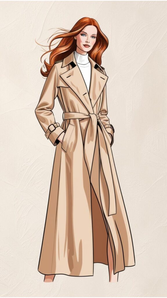 A fashion illustration of a woman wearing a flowing trenchcoat.
