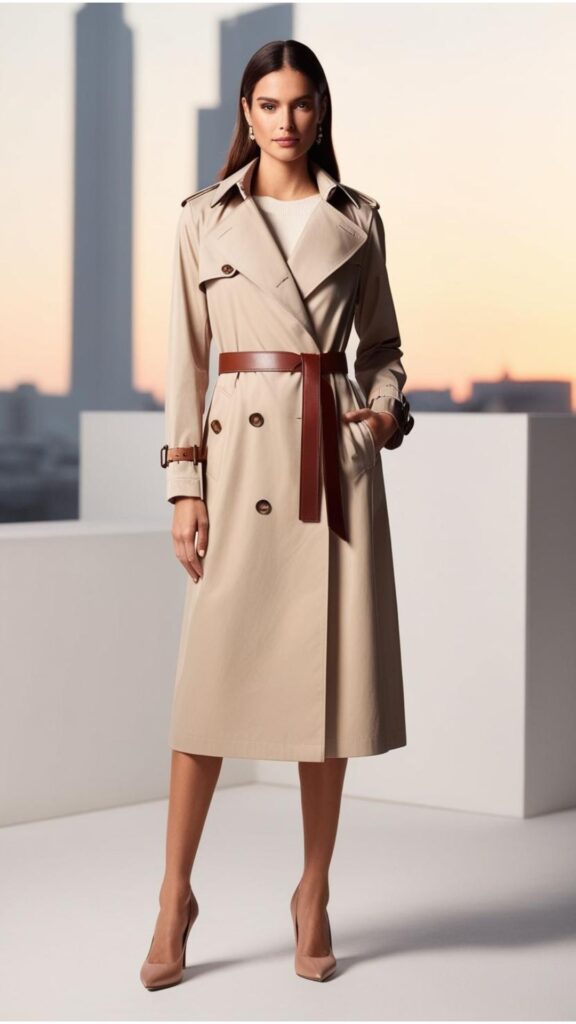 A lovely woman wearing a beige trenchcoat dress with a belt, paired with bare heels.