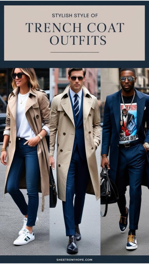 A collage showcasing the versatility of trenchcoat outfits, including casual, formal, and street style looks.