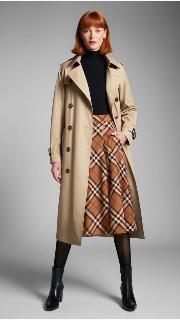 A stunning woman wearing a beige trenchcoat over a black turtleneck sweater and a plaid skirt, accessorized with black tights and ankle boots.