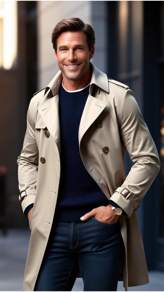 A handsome man wearing a classic beige trenchcoat over a navy sweater and dark wash jeans.