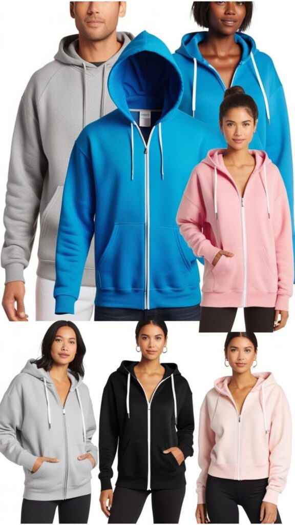 A collage showcasing different types of hoodies, including pullover, zip-up, oversized, and cropped styles.