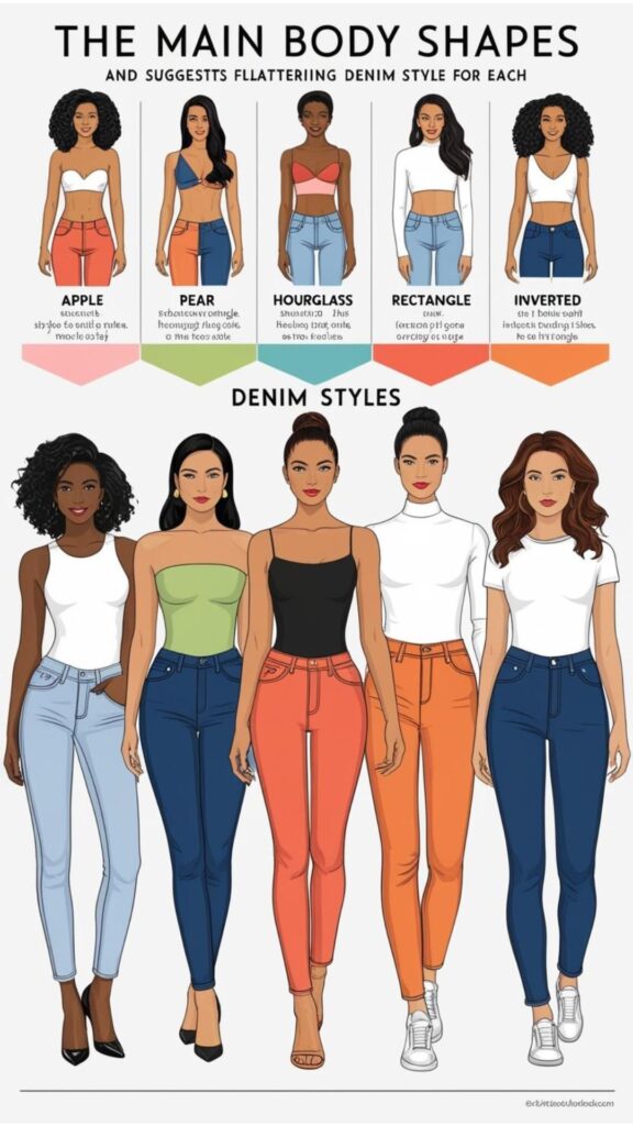 Knowing your body shape (apple, pear/triangle, hourglass, rectangle, inverted triangle) is key to finding flattering denim styles that create a balanced silhouette.