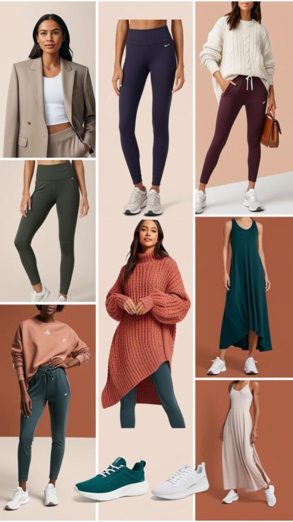 A mood board featuring a mix of athletic wear and casual clothing, showcasing the versatility of athleisure style. Think leggings paired with a blazer, joggers with a stylish sweater, and sneakers with a dress.