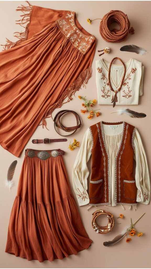 A mood board showcasing flowing fabrics, earthy tones, vintage-inspired clothing, handcrafted accessories, and natural elements like feathers and flowers, capturing the essence of the bohemian aesthetic.