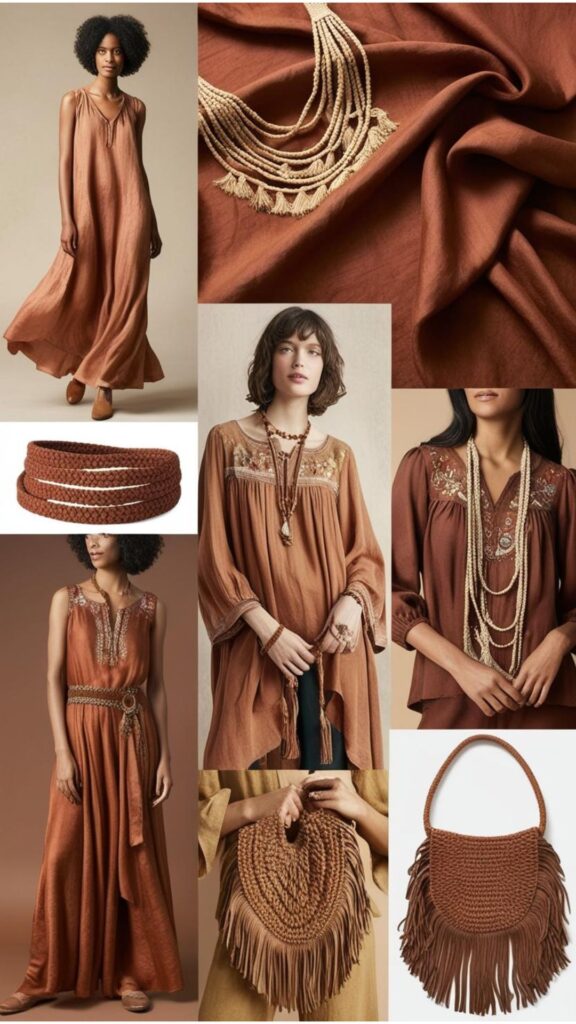 A mood board featuring flowing fabrics, earthy tones, vintage-inspired clothing, and handcrafted accessories, capturing the essence of bohemian style.