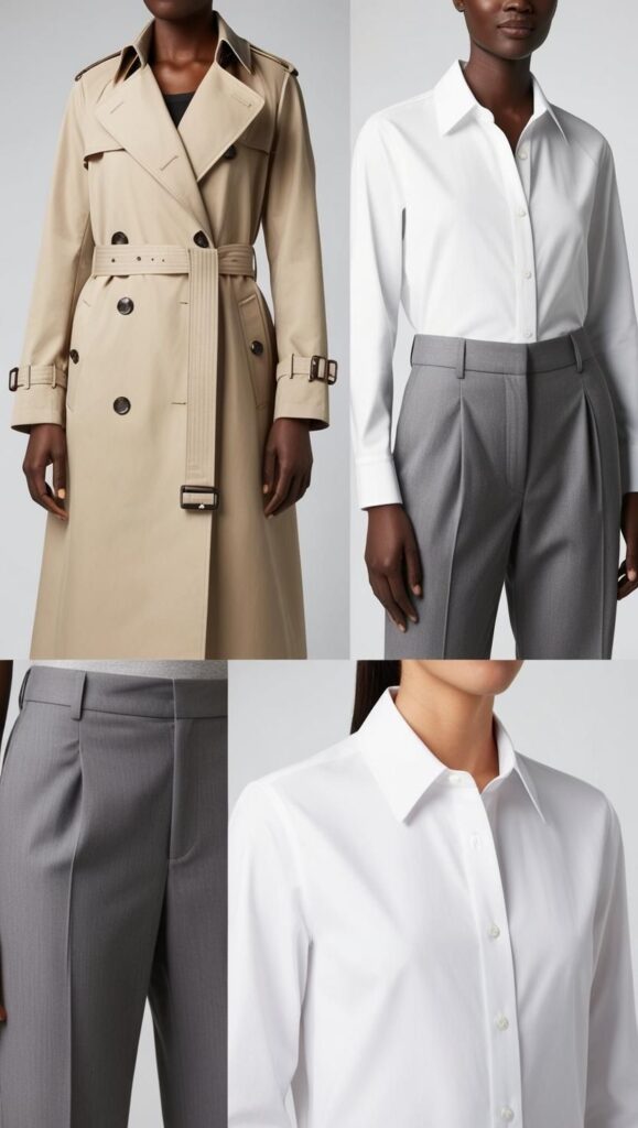 Classic style: Timeless pieces (trench coats, trousers, button-downs), neutral colors, quality over quantity, simple silhouettes, and versatility.