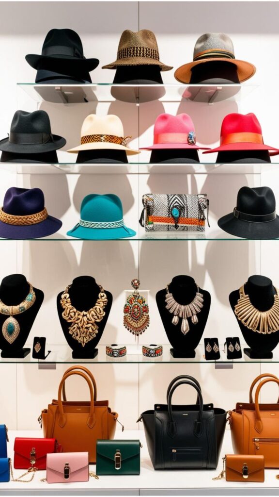 A collection of various urban fashion accessories, including hats, jewelry, and bags.