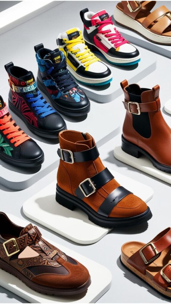A selection of different urban fashion footwear, including sneakers, boots, and sandals.