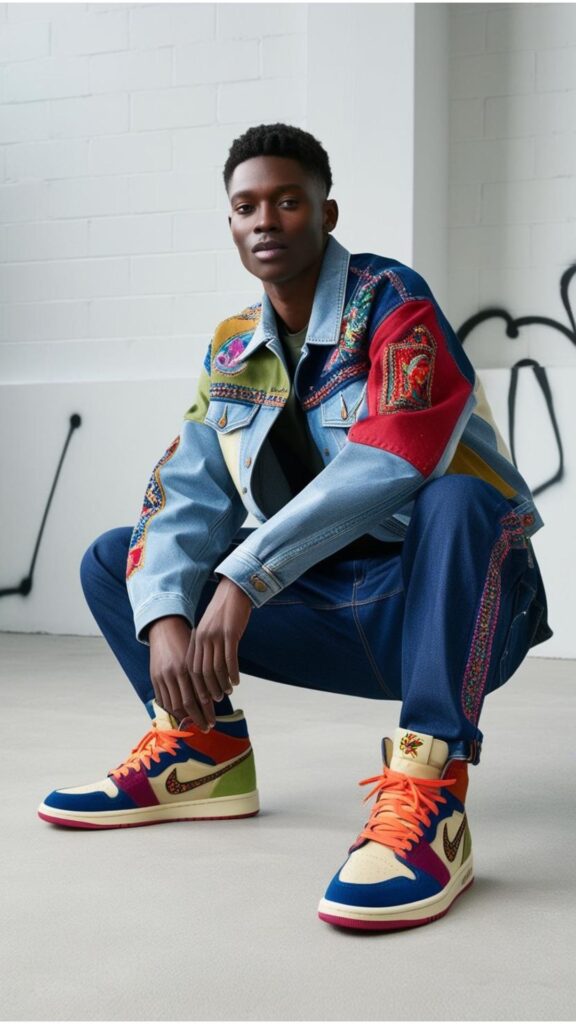 A model wearing an upcycled denim jacket and customized sneakers, showcasing sustainable and personalized urban fashion.