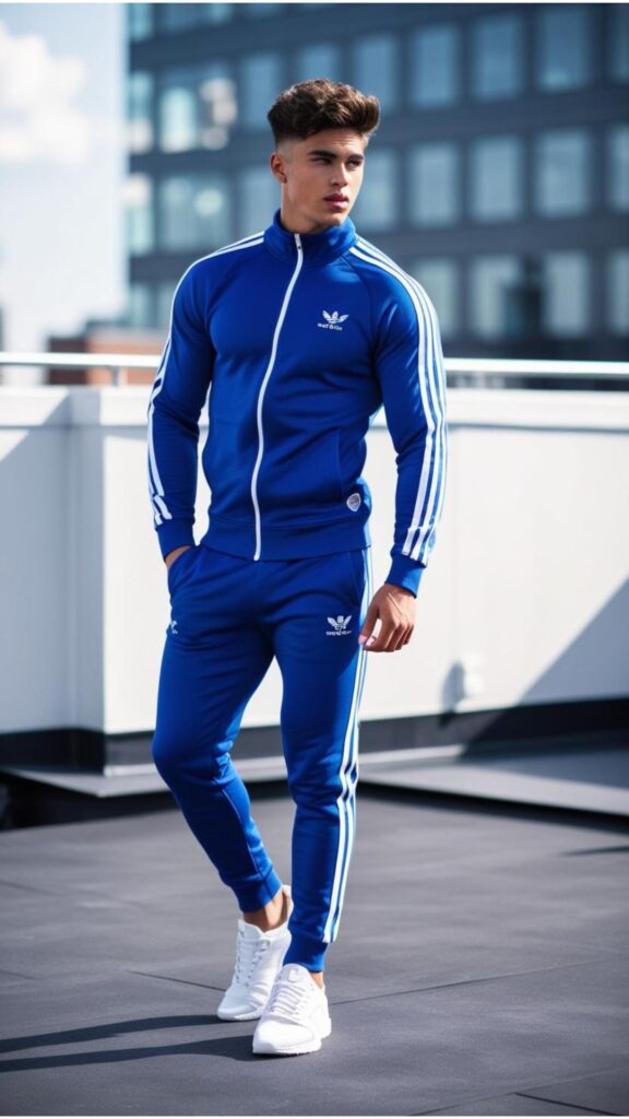 A good looking man showcasing a sporty urban outfit, including a tracksuit and sneakers.