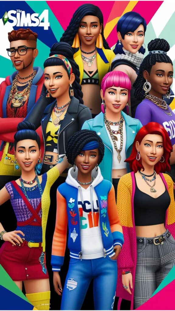 Sims 4 characters dressed in various urban fashion styles, showcasing the game's custom content and styling options.