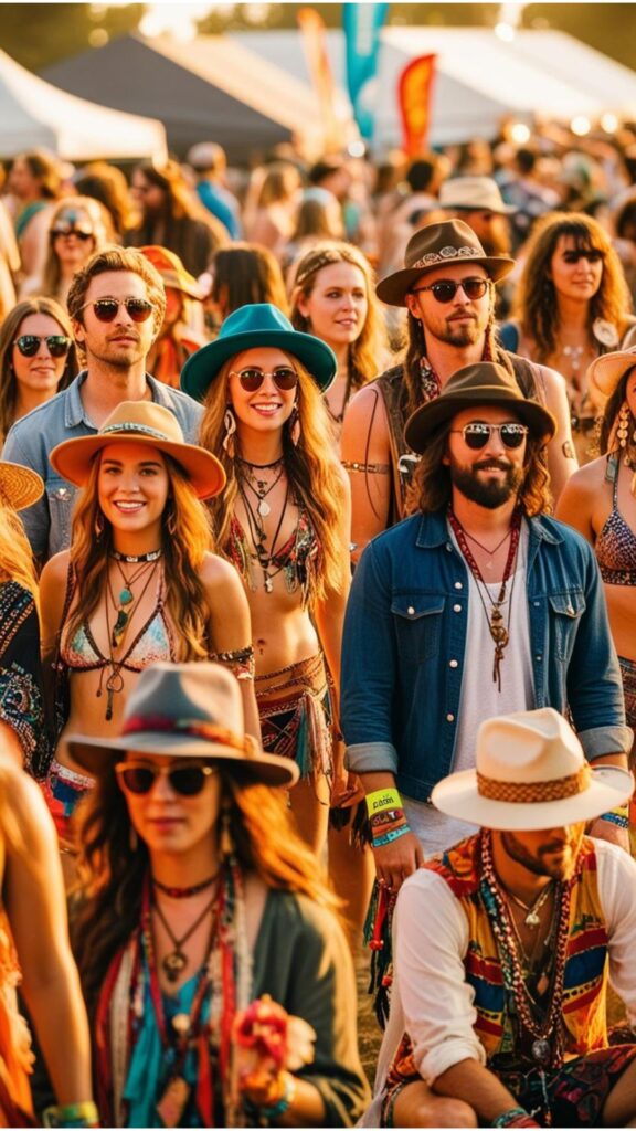 A group of people at a music festival, showcasing bohemian and eclectic urban fashion styles.