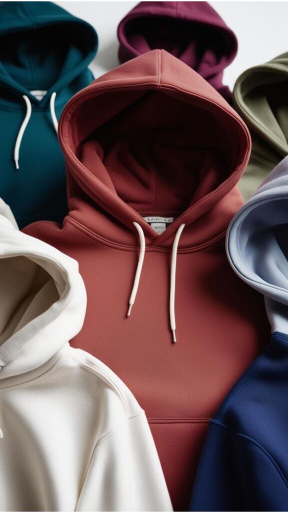 Hoodies: hooded garments, often with a front pocket, made from soft materials like cotton or fleece.