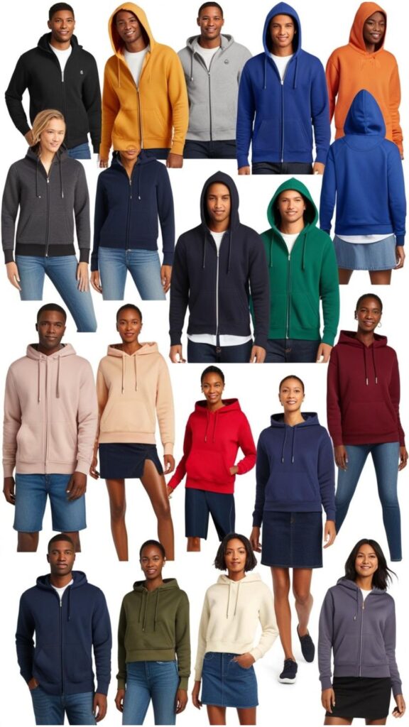 "Hoodies outfit": any clothing combination featuring a hoodie, from casual and sporty to fashionable and dressed-up.