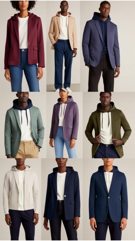 Hoodies under blazers: a modern blend of structured and relaxed styles. Versatile enough for both casual and dressy looks.