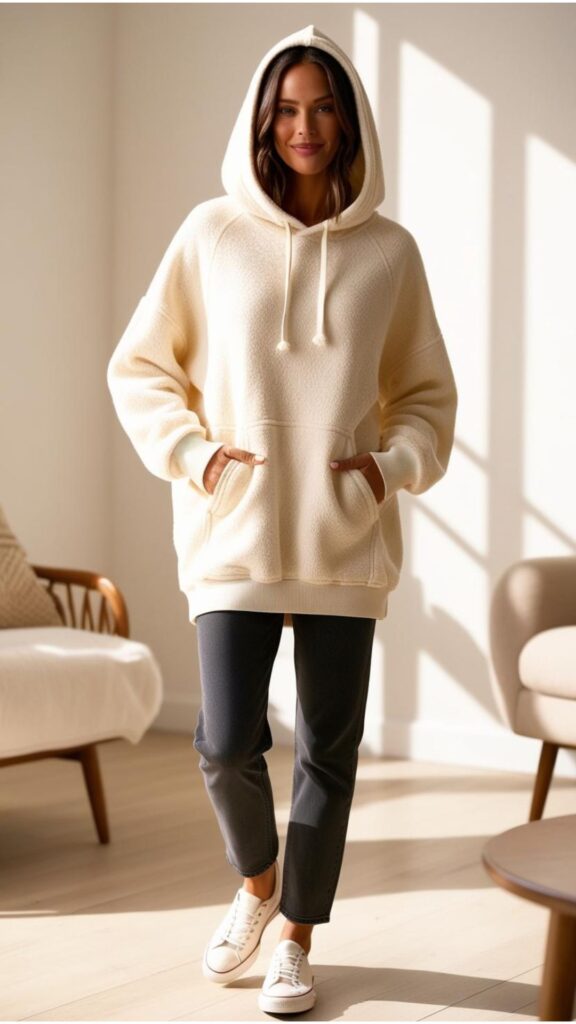 A woman wearing a cozy oversized hoodie, jeans, and sneakers.