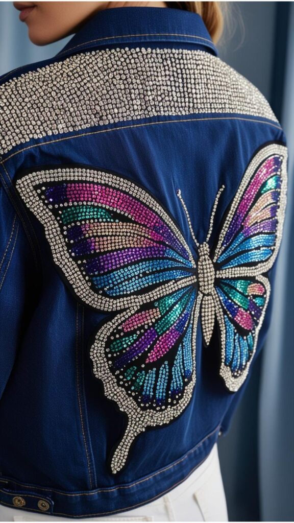 A close-up shot of a bedazzled denim jacket with a butterfly motif.
