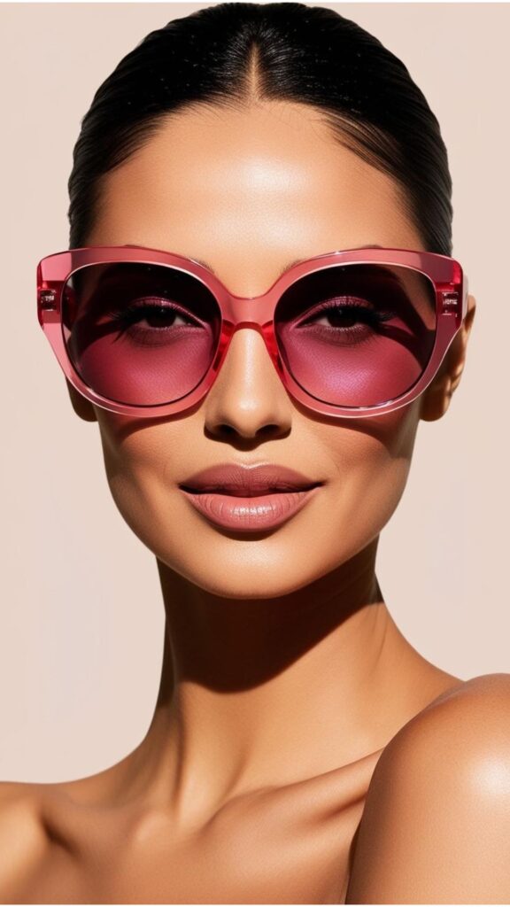 A woman wearing a pair of oversized sunglasses with a pink frame and tinted lenses.