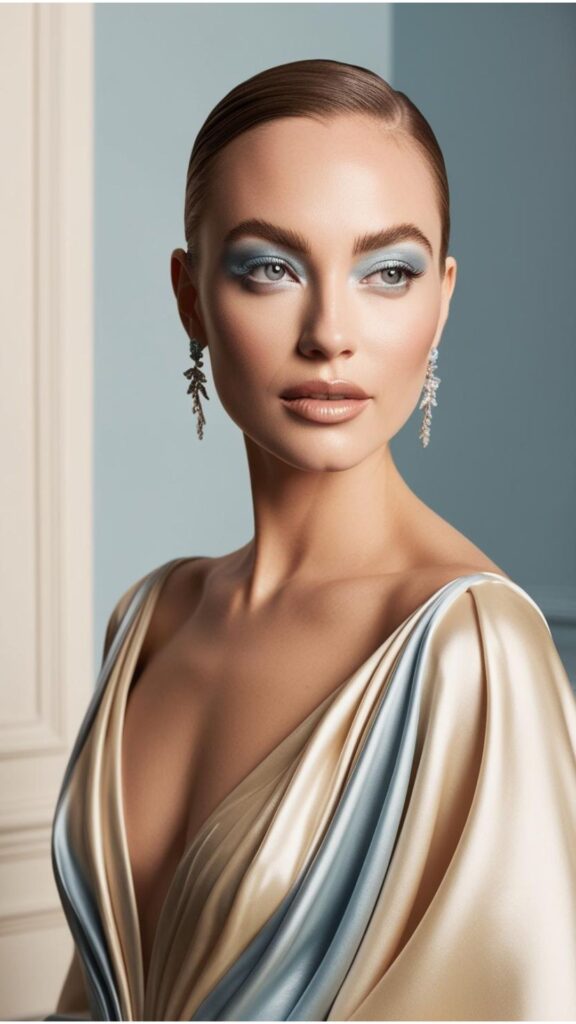 A stunning woman with frosty blue eyeshadow, thin eyebrows, and a skin tone lip gloss.