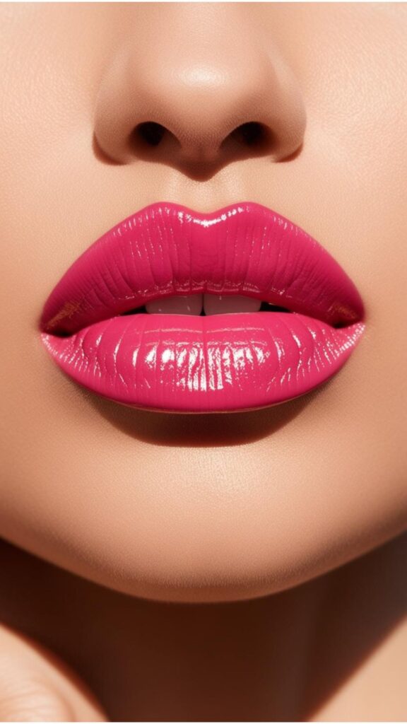 A close-up shot of a woman's lips with glossy pink lip gloss.