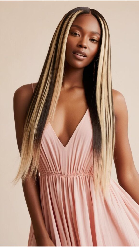 A beautiful woman with long, straight hair with chunky blonde highlights.