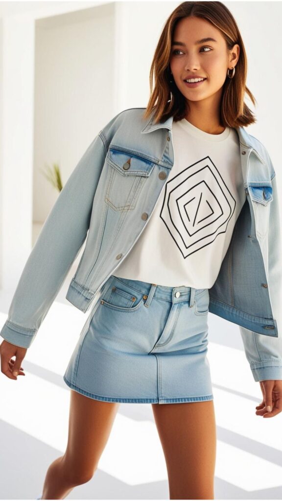 A woman wearing a denim jacket and a matching denim mini skirt with a graphic tee and sneakers.
