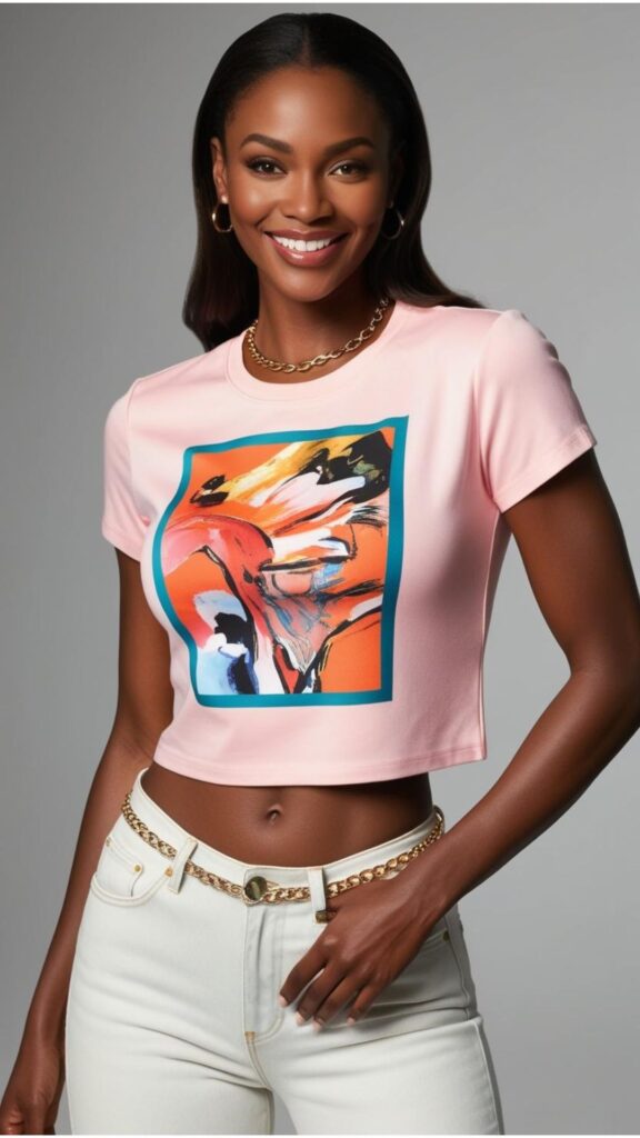A stunning woman wearing a baby pink crop top with a graphic print, paired with low-rise jeans and a chain belt.
