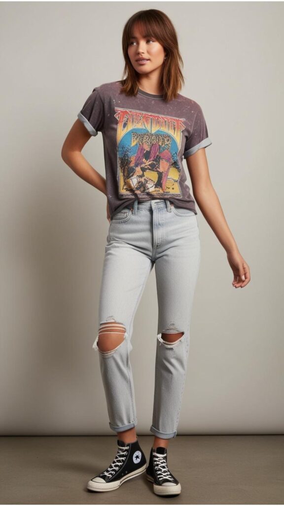 A woman wearing a vintage band t-shirt with ripped jeans and Converse sneakers.