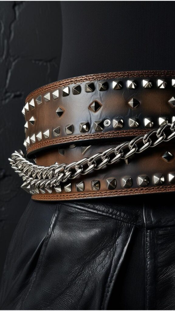 A close-up shot of a studded belt with a chain detail.