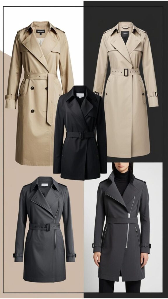 A collage showcasing different trenchcoat styles, including classic, minimalist, and edgy looks.
