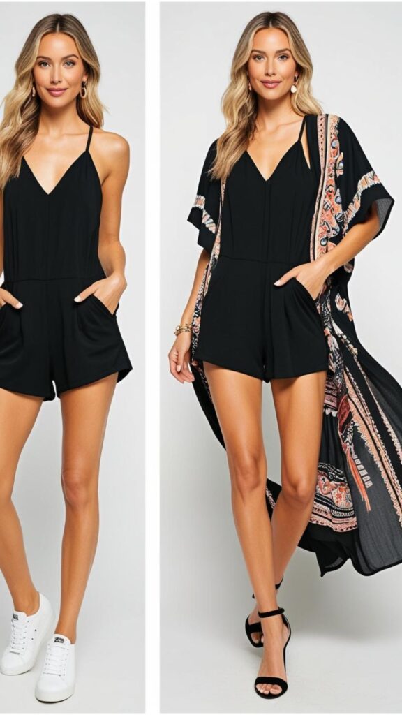 Black jumpsuit shorts: Versatile and stylish for warm weather. Casual with sneakers, dressy with heels, or bohemian with a kimono.