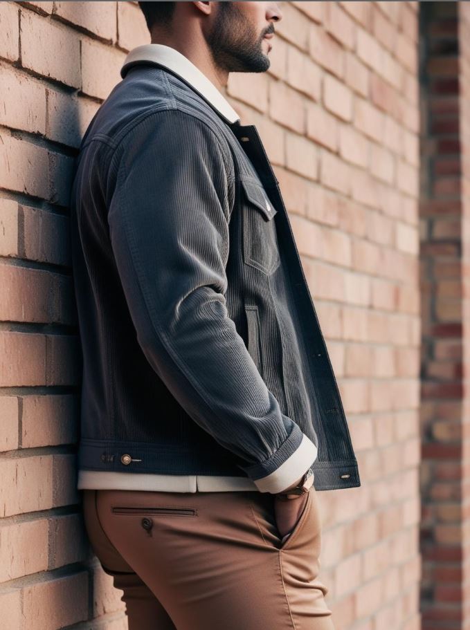 A man wearing a stylish casual outfit, standing against a brick wall
