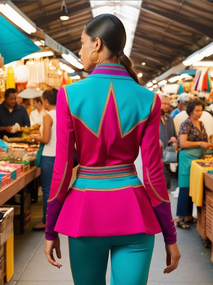 A person modeling a trendy outfit with vibrant colors, standing in a busy market
