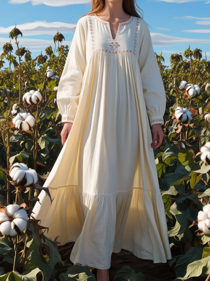 A person wearing a dress made from organic cotton, standing in a field of cotton plants.