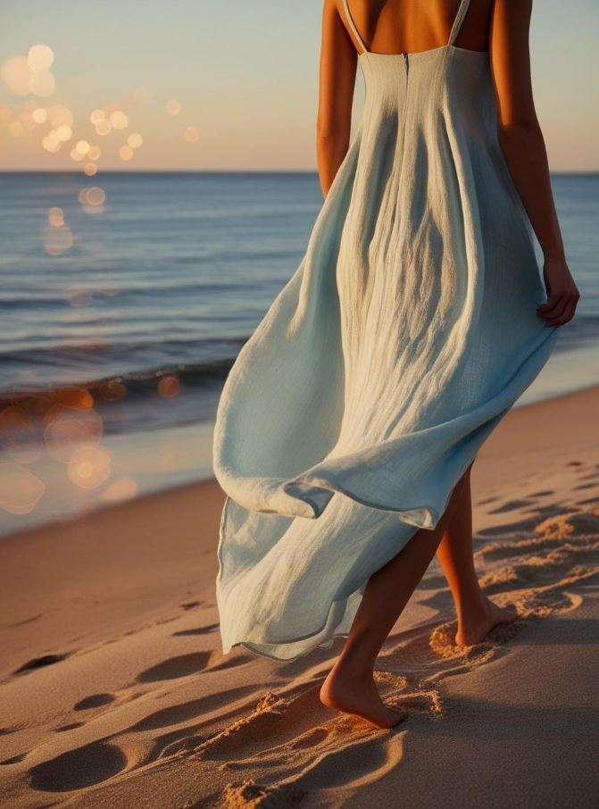 A person wearing a light blue linen dress, walking along a beach at sunset