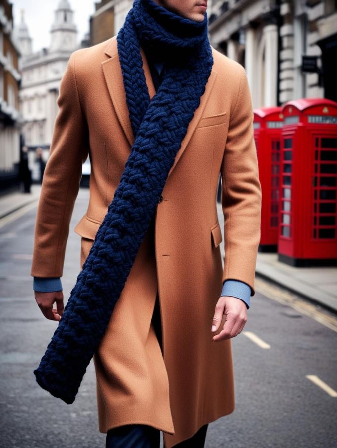 A person wearing a stylish coat and scarf, walking down a street in London