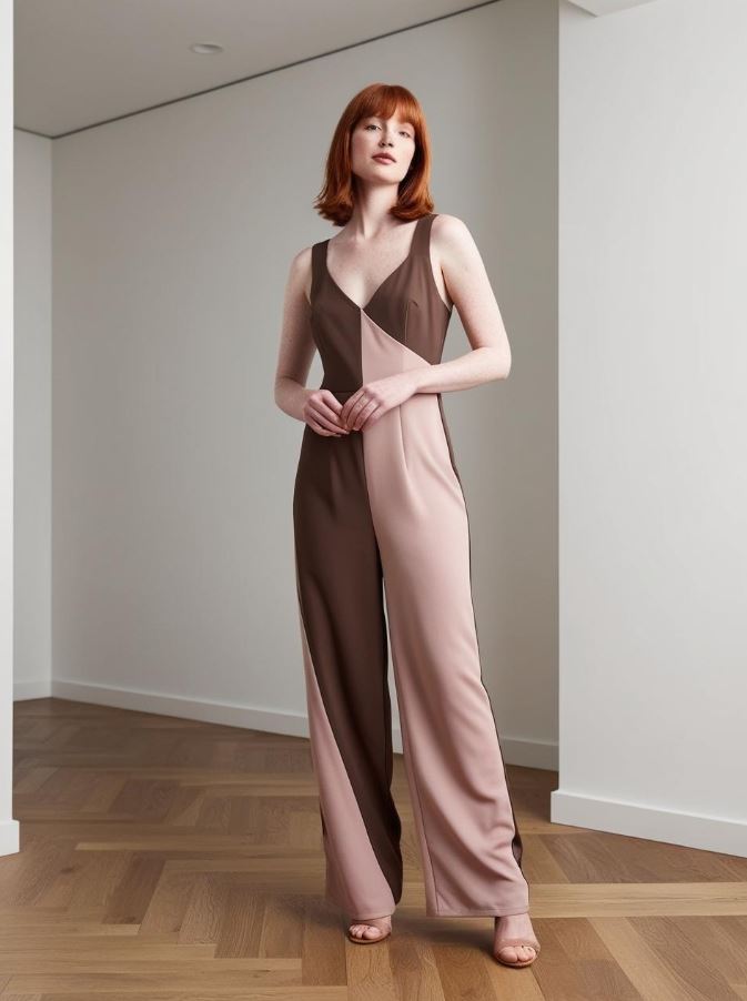 A person wearing an outfit with mushroom brown and desert rose colors, posing in a modern room.