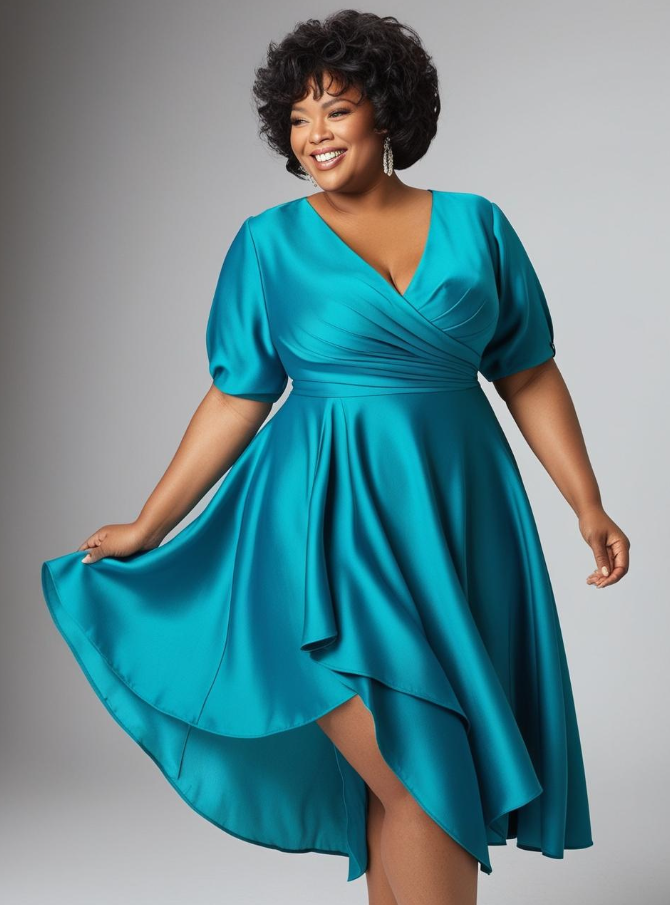A person with a curvy figure wearing a stylish dress, smiling and confident