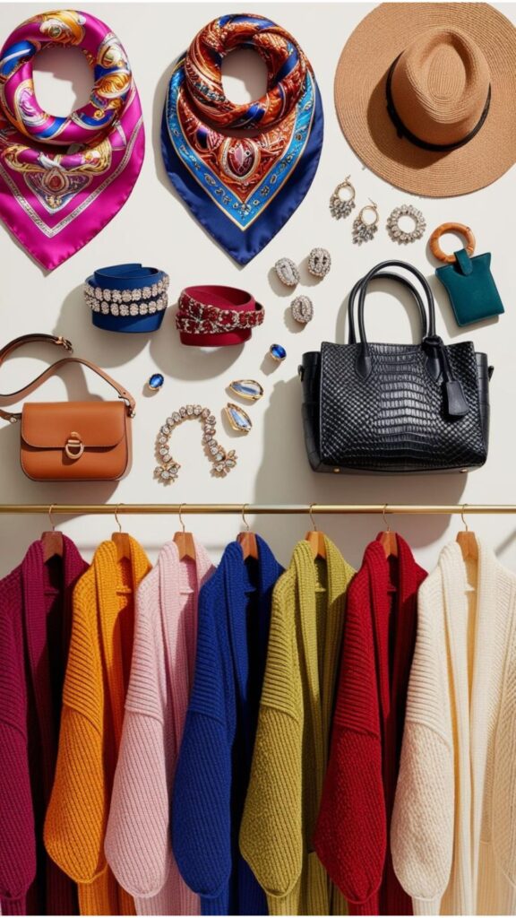 A stylish display of accessories, including scarves, belts, jewelry, hats, and bags, enhancing cardigan outfits with color, texture, and personal flair for any season.