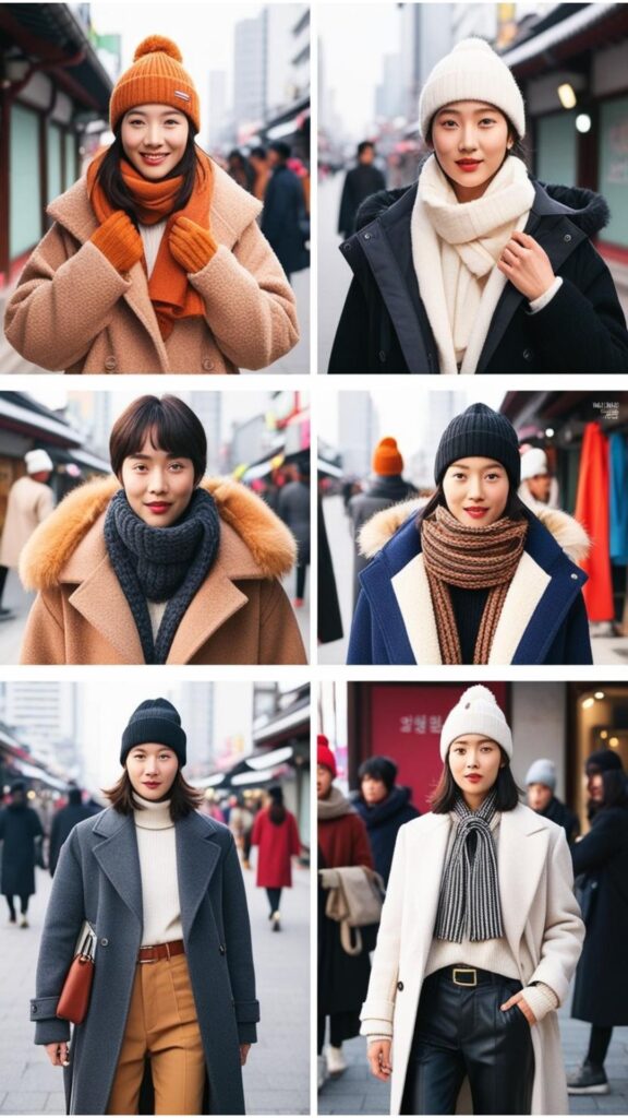 Korean street fashion winter outfits featuring creative layering with coats, scarves, and beanies.