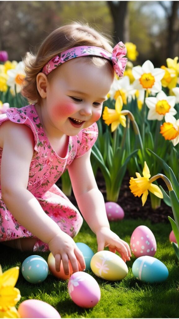 A toddler girl wearing a pink floral dress with a matching headband, playing in a garden with Easter eggs.