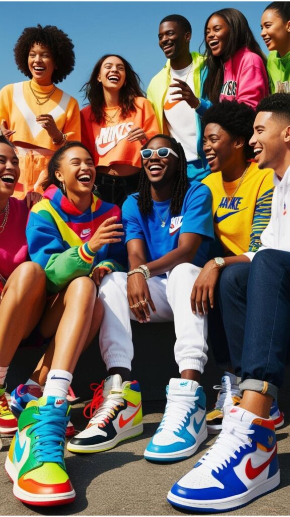 A group of friends wearing diverse shoes aesthetic sneakers with friends, enjoying a social outing, highlighting the fun and communal aspect of sneaker culture.