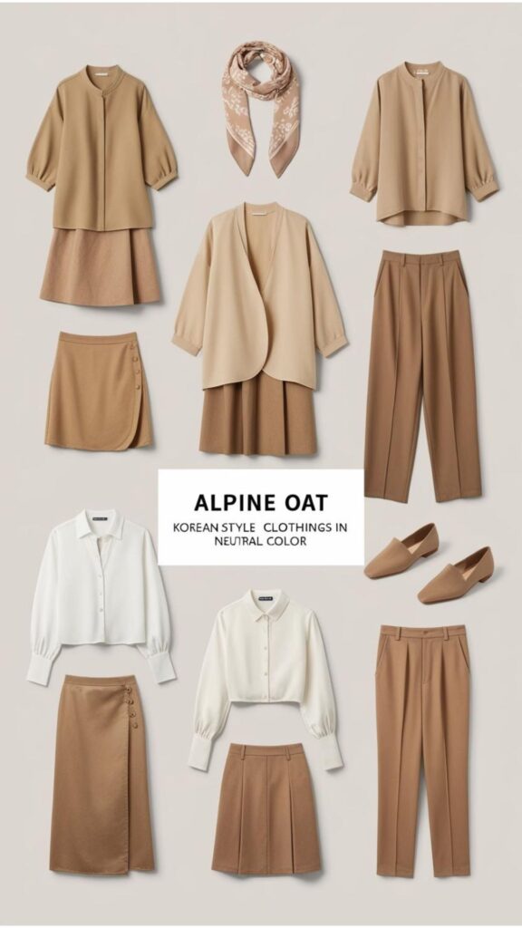 A selection of Korean style outfit pieces in Alpine Oat, showcasing how this neutral color can be mixed and matched to create various looks.