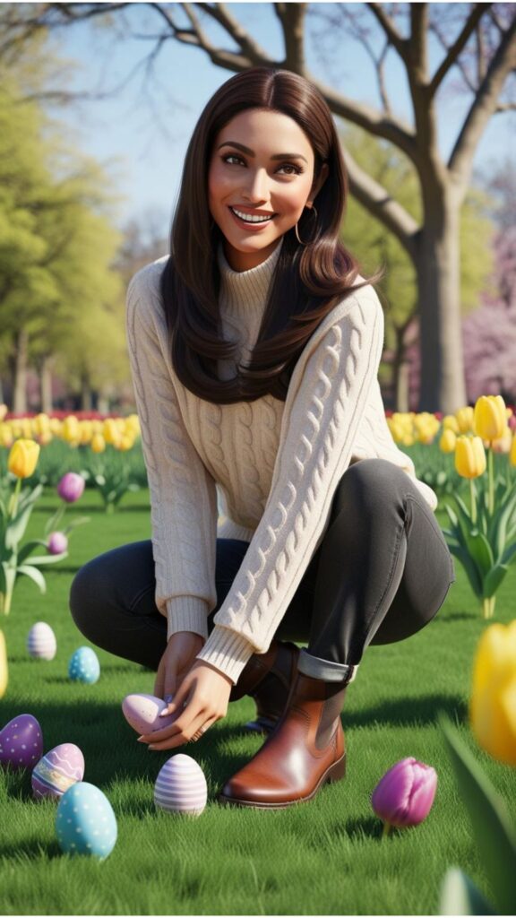A lovely woman wearing a sweater, jeans, and boots, enjoying an Easter egg hunt in a park on a cool spring day