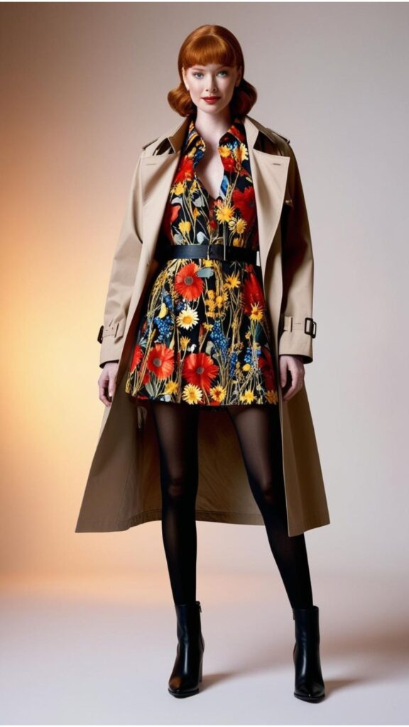 A stunning woman wearing a beige trench coat over a floral dress, paired with black tights and ankle boots.