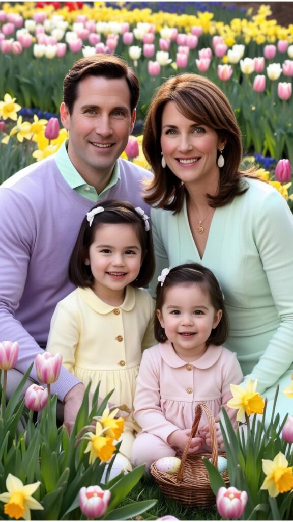 A family posing for Easter photos in a spring garden. They are wearing coordinating outfits in pastel colors.