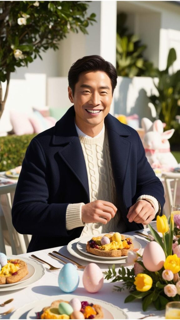 A good-looking man wearing a dark blue peacoat over a sweater and chinos, enjoying an Easter brunch outdoors.